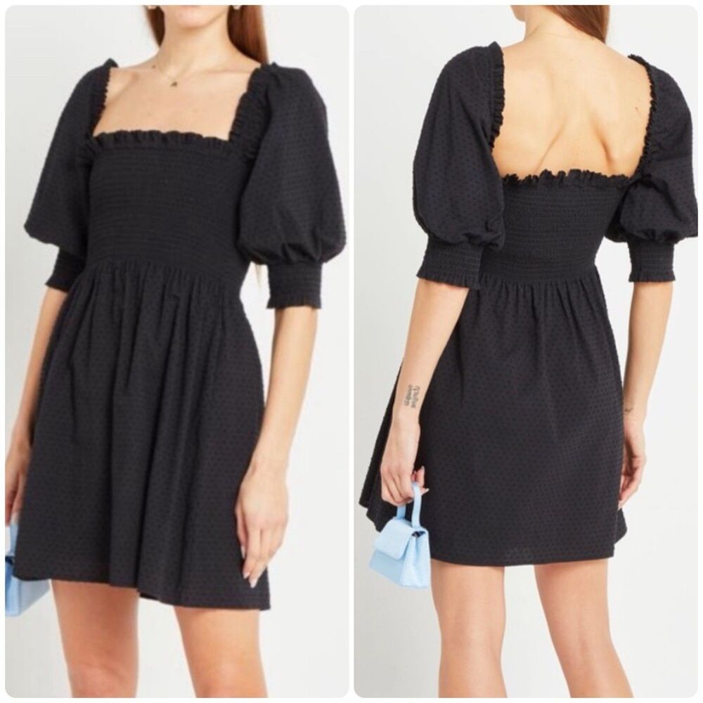 Kourt Calypso Black Smocked Chest Puff Sleeve Cotton Mini Dress Womens sz M